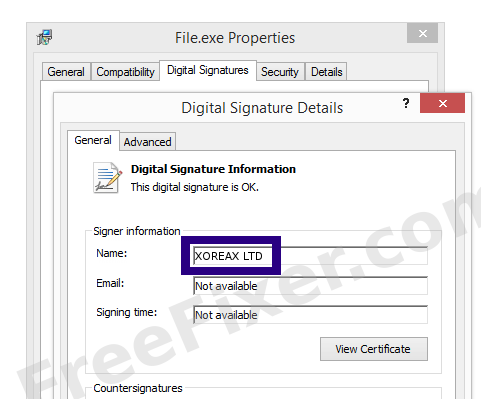Screenshot of the XOREAX LTD certificate
